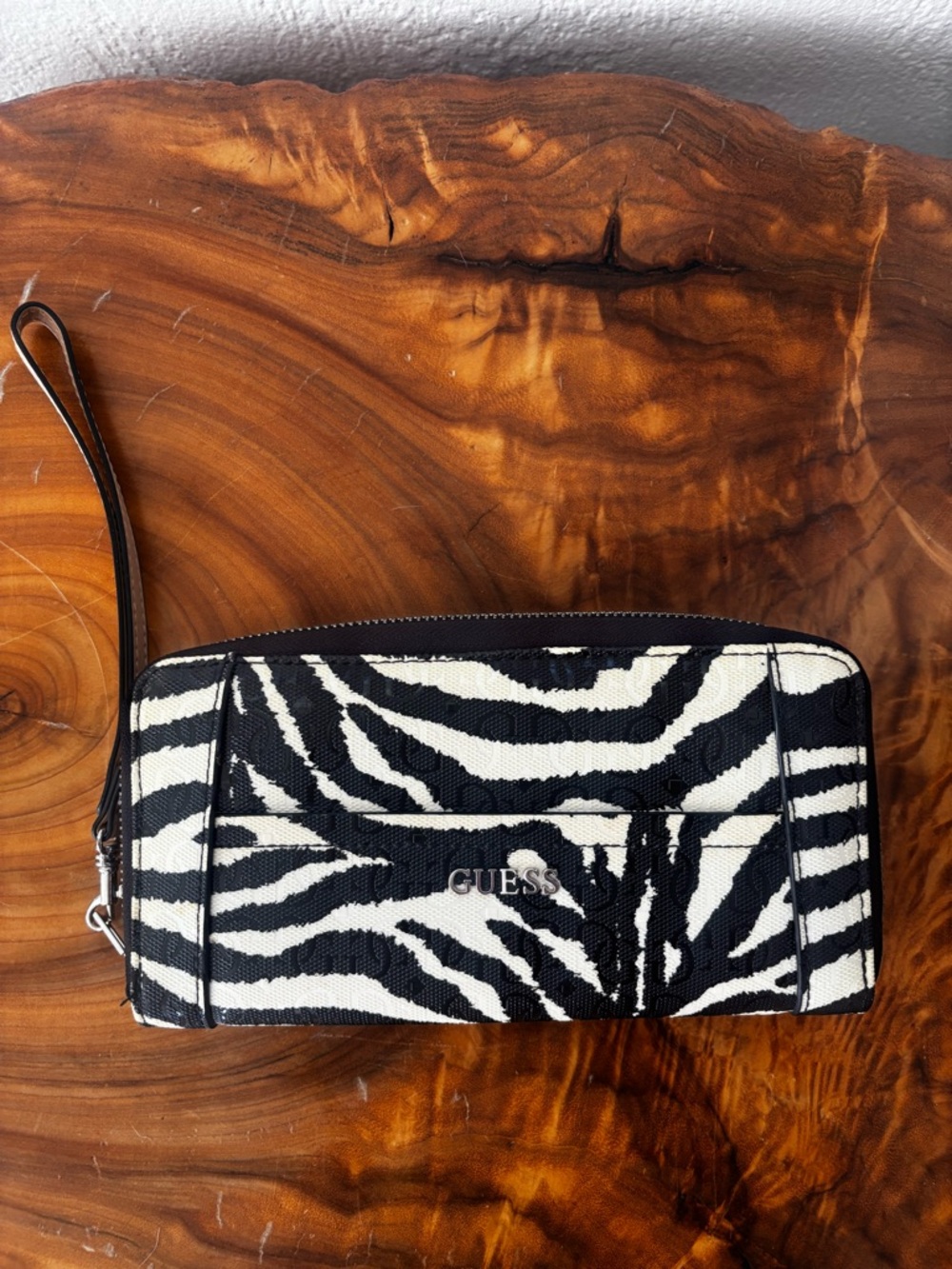 GUESS Zebra-Print Continental Wristlet- Silver Logo Accent